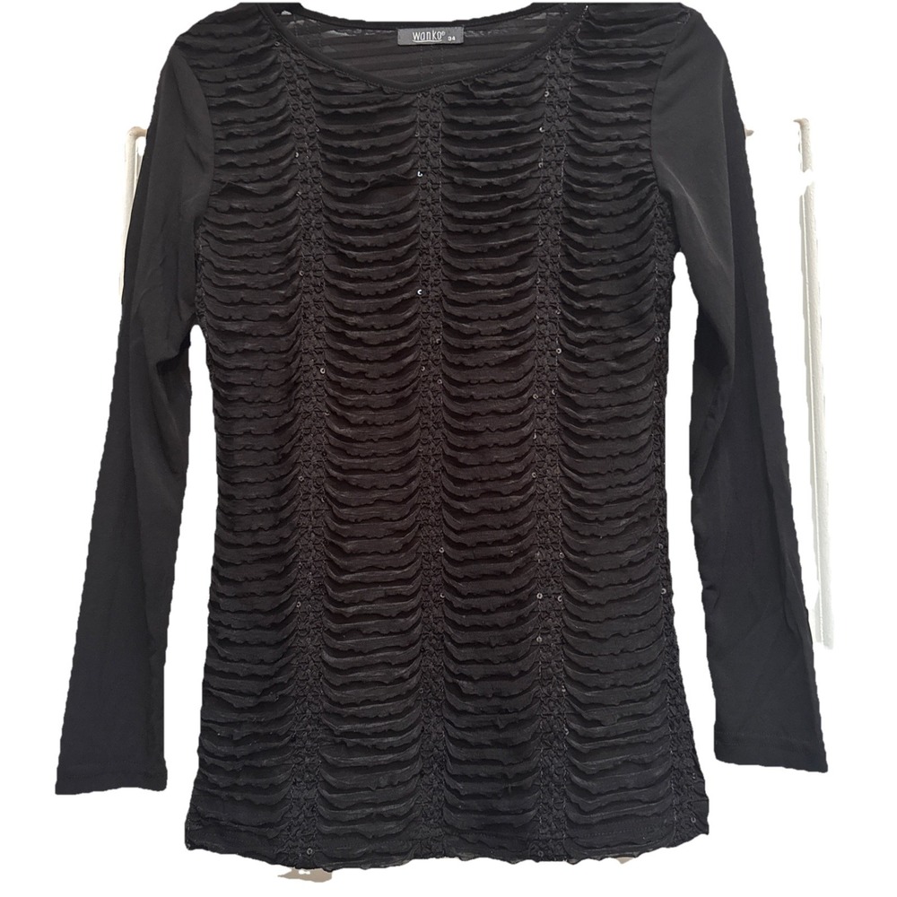 WANKO Size S Black Sequined LS Top Stretch Dressy Evening Night‎ Out